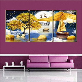 Bộ tranh treo tường 3 tấm trang trí phòng khách, phòng ngủ phong cách mỹ thuật hiện đại chất liệu cán pvc gương:4429L15S