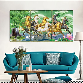 Tranh treo tường 3 tấm trang trí phòng khách, phòng ăn, phòng ngủ Mã Đáo Thành Công - Bát mã truy phong: 1316L10