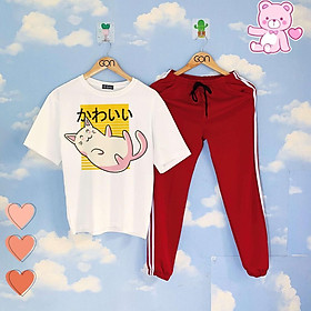 Set áo thun tay lửng quần kẻ 3 sọc, quần unisex 2 sọc C910