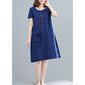 Đầm suông cổ tròn phối túi hộp LAHstore, chất đũi mềm mát thấm hút mồ hôi, thời trang phong cách Hàn