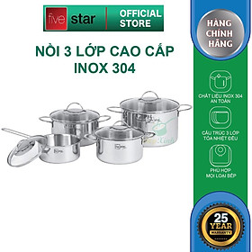 Bộ nồi 3 lớp đáy liền inox 304 Fivestar Plus quai oval nắp kính (1quánh16cm x 1nồi 18cm x 1nồi 20cm x 1nồi 24cm)