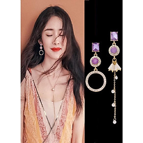 Bông tai nữ đính đá mix vòng tròn thả sợi bất đối xứng