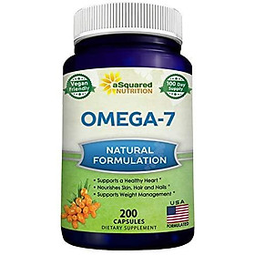 Purified Omega 7 Fatty Acids - 200 Capsules - from Natural Sea Buckthorn, XL Vitamin Supplement, No Fish Burp, Vegan Omega-7 Palmitoleic Acid, Compare to Omega 3 6 9 for Complete Weight Loss Results