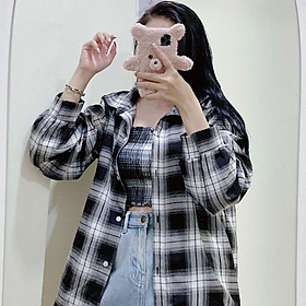 Áo sơ mi khoác ngoài nữ sọc caro chất vải kate mềm mặc mát cổ tay bo thời trang