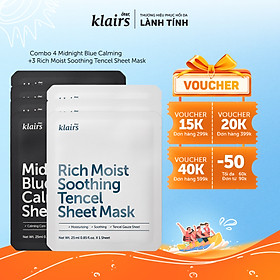 Combo 4 Dear, Klairs Mặt nạ giấy Midnight Blue Calming Sheet Mask 25ml+3 Rich Moist Soothing Tencel Sheet Mask 25ml