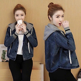 Áo Khoác jean Nữ Thời Trang Nón Trùm, Jean Dày Dặn, Có Nón Nỉ, Tay Phối Bo Thun Size M, L