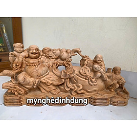 Tượng phật di lặc tam phúc kéo bao vàng bằng gỗ ngọc ngọc am thơm nức kt 50x22x12cm