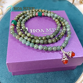 Vòng tay chuỗi 108 hạt Cẩm Thạch dầu theo dải màu size 5.6 li phối thạch anh xanh vuông, bánh xe mã não hồng cắt giác và charm bạc bọc mã não đỏ - 16-17.5cm