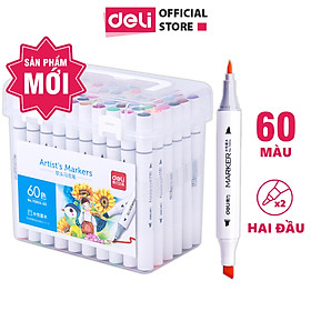 Bút màu marker kèm giấy thử màu thân tròn một đầu Deli - Marker hộp nhựa - 12/ 24/ 36/ 48/ 60 Màu -  70804