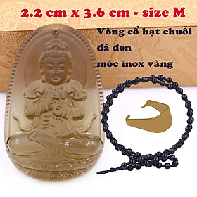 Mặt Phật Đại nhật như lai đá obsidian ( thạch anh khói ) 3.6 cm kèm vòng cổ hạt chuỗi đá đen - mặt dây chuyền size M, Mặt Phật bản mệnh