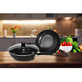 Mua Bộ chảo đá carbon sâu lòng 30cm kèm 1 nắp thủy tinh 30cm (dùng được tất cả các loại bếp)