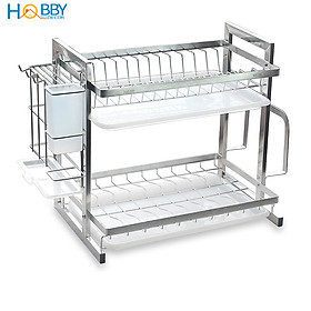 Kệ chén đa năng 2 tầng inox 304 Hobby Home Decor KC2T kèm khay hứng nước, ống đũa, giá treo thớt không rỉ sét