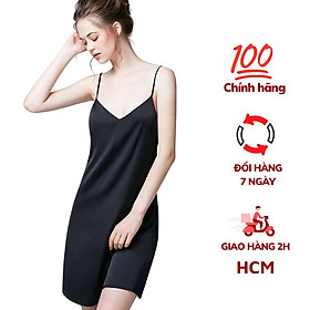 Váy ngủ nữ, váy lụa 2 dây VILADY - V129 dáng suông màu ĐEN huyền bí, chất liệu lụa Pháp cao cấp ( lụa latin)