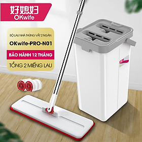 Bộ lau nhà cao cấp OKwife PRO N01 có thùng lau nhà 2 ngăn tự vắt, cây lau nhà xoay 360 độ lau sạch khô nhanh, 2 bông lau