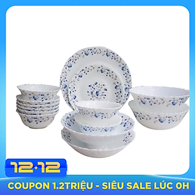 Bộ 16 món bát đĩa bằng thủy tinh ngọc OPAL-B Hoa văn BLUE MYSTIQUE