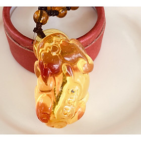 Set Vòng đeo cổ Mặt Hổ Phách, Dây dài 60cm, Kèm Hộp Gỗ đựng Vòng