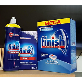 Combo muối rửa bát Finish 1,5kg+viên rửa bát Finish 120 viên+Nước làm bóng