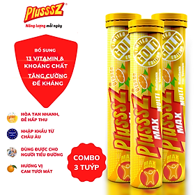 {COMBO3TUYP} Viên sủi Plusssz Max Multivitamin hương vị Cam không đường bổ sung vitamin C và khoáng chất dạng hòa tan, dễ hấp thu hỗ trợ tăng cường đề kháng, vững vàng sức khỏe (Tuýp 20 viên sủi).