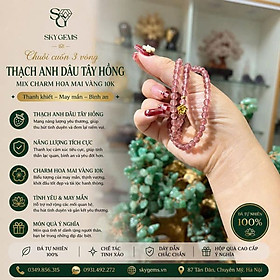 Vòng Cuốn 3 Thạch Anh Dâu Tây Hồng Mix Charm Hoa Sen Bạc Mạ Vàng – Đá Tự Nhiên, Thiết Kế Thanh Lịch