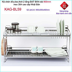 Kệ đựng chén bát Inox Nhật SUS304 cao cấp, kệ úp chén dĩa dài 90cm, kệ chén bát có máng Dzao thớt Kace KAG-BL59- Đặt bàn