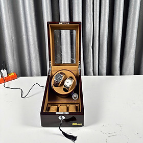 Hộp Đựng Đồng Hồ Cơ 2 Xoay + 3 Trưng Bày Vỏ Gỗ Sơn Mài JQUEEN - Gỗ nâu lót nhung nâu