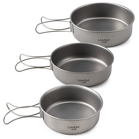 Lixada 3pcs Titanium Bowls Set Ultralight Titanium Dinner Bowl Pan with Foldable Handles for Outdoor Camping Hiking