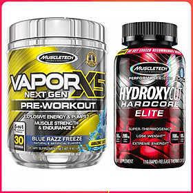 Combo Pre Workout tăng sức bền, sức mạnh Vapor X5 hương Blue Razz hộp 30 serving và viên đốt mỡ, giảm cân Hydroxycut Hardcore Elite hộp 110 viên