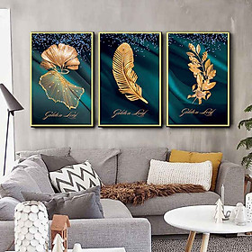 Bộ 3 tranh canvas treo tường Decor Họa tiết lá vàng cách điệu, phong cách hiện đại - DC127