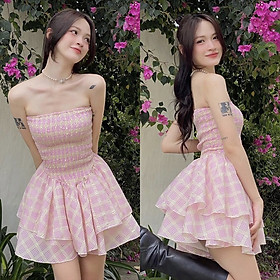 ĐẦM ỐNG NGẮN LƯNG THUN XÒE TẦNG XẾP LY REN HỒNG PASTEL SUÔNG TRƠN ĐI TIỆC DẠO PHỐ ĐI CHƠI ĐI BIỂN
