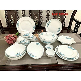 Bộ bát đĩa men kem, họa tiết vẽ thủ công hoa sen- đào. Gốm sứ Bát Tràng