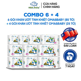 Combo 6+4 khăn ướt làm sạch tinh khiết dành cho bé Oma&Baby với công thức chlorhexidine DIgluconate kháng khuẩn an toàn dịu nhẹ (6 gói 85pcs+4 gói 25pcs)