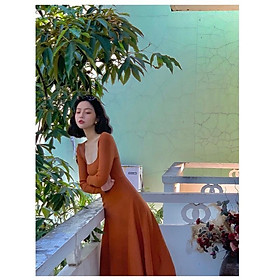 ĐẦM MIDI THUN XOÈ CỔ U TAY DÀI Cd