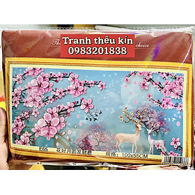 Mua Tranh thêu kín chữ thập Hươu tài lộc vườn đào E65  kích thước 100 x 55 cm