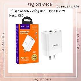 Củ sạc nhanh C80 2 cổng ( USB + Type- C ) 3.1A, PD 20W, Q.C 3.0 hỗ trợ sạc nhanh ( hàng chính hãng)