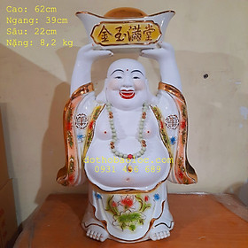 Tượng Phật Di Lặc nâng thỏi vàng phong thủy bằng gốm sứ cao cấp cao 62cm