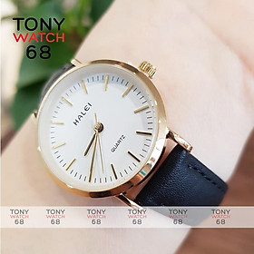 Đồng hồ nữ Halei dây da nâu mặt số vạch chính hãng Tony Watch 68