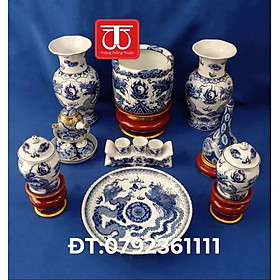 Mua BỘ BÁT HƯƠNG VẼ RỒNG NỔI (ĐẾ GỖ SƠN SON THẾP VÀNG CAO 12CM / ĐK BÁT 20CM  22CM) /ĐÔI LỌ CAO 30CM / ĐÔI CHOÉ 16CM )