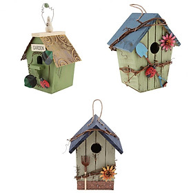 3 Pieces Cottages Wooden Natural Wood Bird House Nest Feeder Hut for Garden