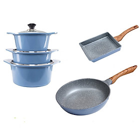 Combo 5 món, nồi đúc ceramic đế từ xanh size 20-22-24cm, chảo vân đá ceramic vuông size 20x23cm và tròn size 26cm màu xanh (dùng được tất cả các bếp, kể cả bếp từ)