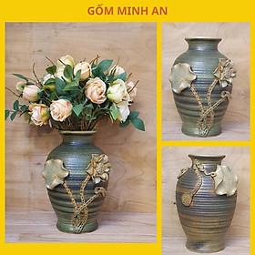 Mua Bình hoa lọ hoa dáng thấp men mộc đắp lá sen  hoa sen gốm Minh An Bát Tràng cao 25cm