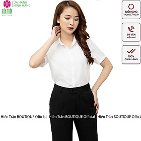 Áo sơ mi nữ Hiền Trần BOUTIQU tay ngắn form suông màu trắng xanh sơmi cộc thời trang công sở