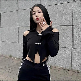 Áo croptop kiểu hở vai tay dài dáng ôm body cúc cài phong cách