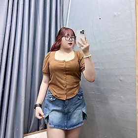 Áo thun tay ngắn cổ vuông bigsize nút kiểu bigsizeconho dáng croptop, Áo phông phom rộng chất gân tăm 58-92kg G39 - Nâu bò