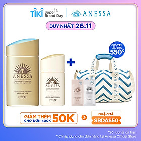 Bộ đôi Kem chống nắng dưỡng da dạng sữa bảo vệ hoàn hảo Anessa Perfect UV Sunscreen Skincare Milk SPF 50+ PA++++ 60ml + Kem nền trang điểm BB chống nắng dưỡng da Anessa SPF 50+ PA++++ 25ml