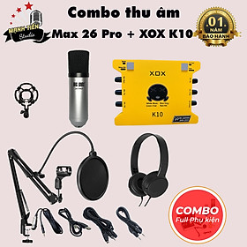 Bộ Combo livestream Max 26 Pro + Sound card XOX K10 jubilee - Kèm full phụ kiện kẹp micro, màng lọc, tai nghe chụp tai - Thu âm, livestream, karaoke online chuyên nghiệp trên cả điện thoại lẫn máy tính - Hàng chính hãng