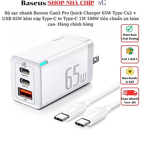 Bộ sạc nhanh Baseus Gan3 Pro Quick Charger 65W Type Cx2 + USB 65W kèm cáp Type-C to Type-C 1M 100W  tiêu chuẩn an toàn cao- Hàng chính hãng