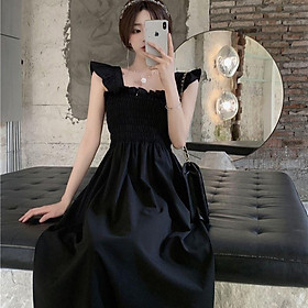 SHUANGYAN 2022 Mùa hè Pháp khí chất Xiao Fei Sleeves Pleated thắt lưng đầm Hepburn Phong cách cổ vuông trà nghỉ ngơi đầm dài