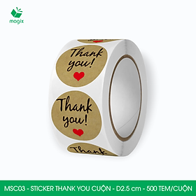 MSC03 - D2.5 cm - 1 Cuộn 500 sticker thank you tròn, nhãn dán thank you, tem dán cảm ơn