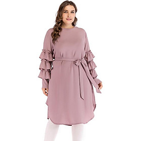 Fashion Women Plus Size Midi Dress Solid Beads Ruffled Long Sleeve Elegant Slim Dress Pink