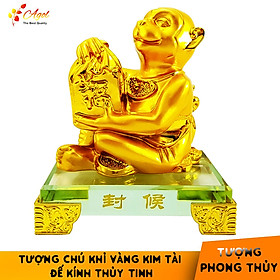Mua Tượng chú khỉ vàng đế kính thủy tinh cao cấp - Tượng HẦU TÔN ÔM VÀNG - Hàng Nhập Khẩu